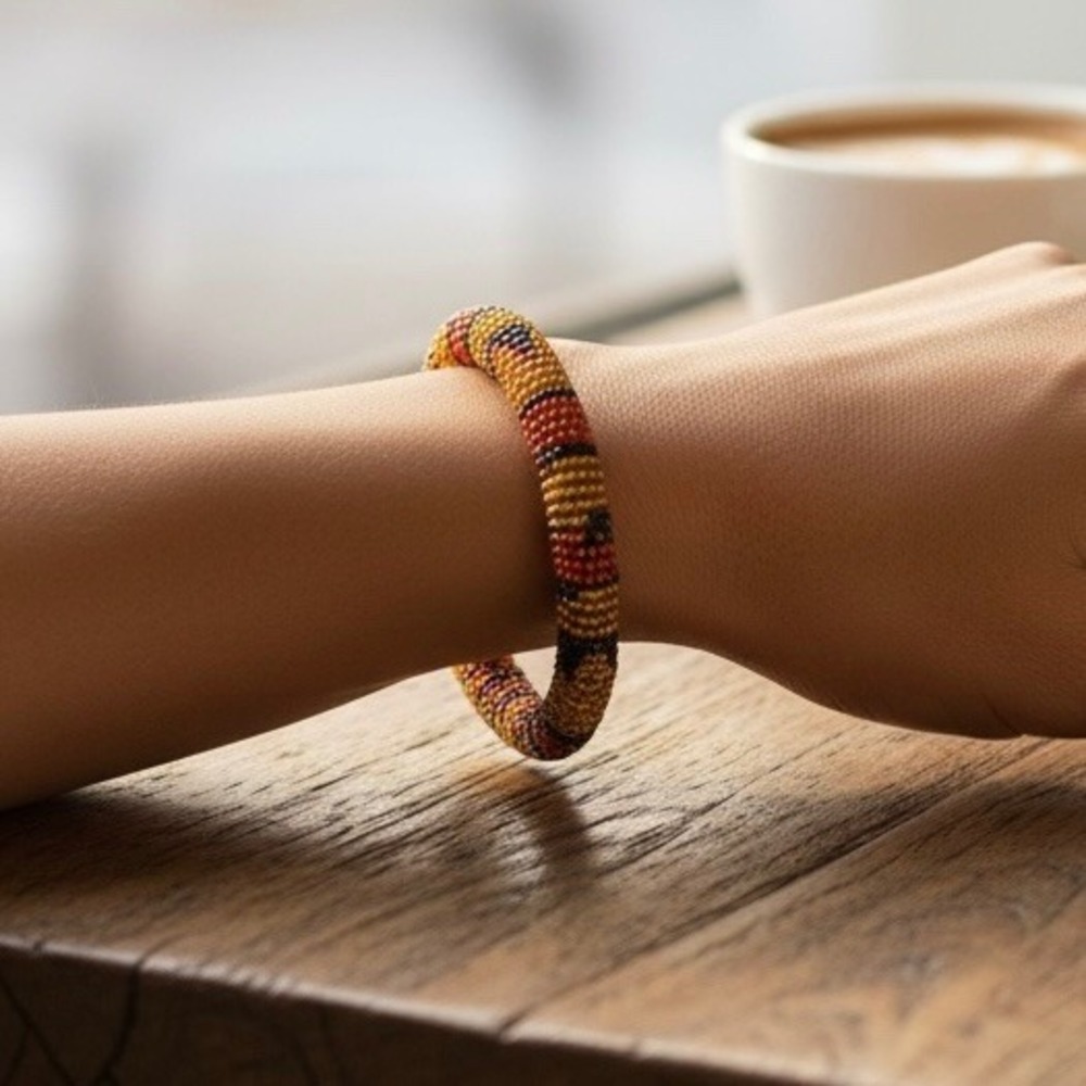 Boho Glass Seed Bead Roll On Bangle Bracelet Gold Red Black Geometric 8 Inch